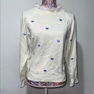 White and Embroidered Blue Heart Pattern Sweater